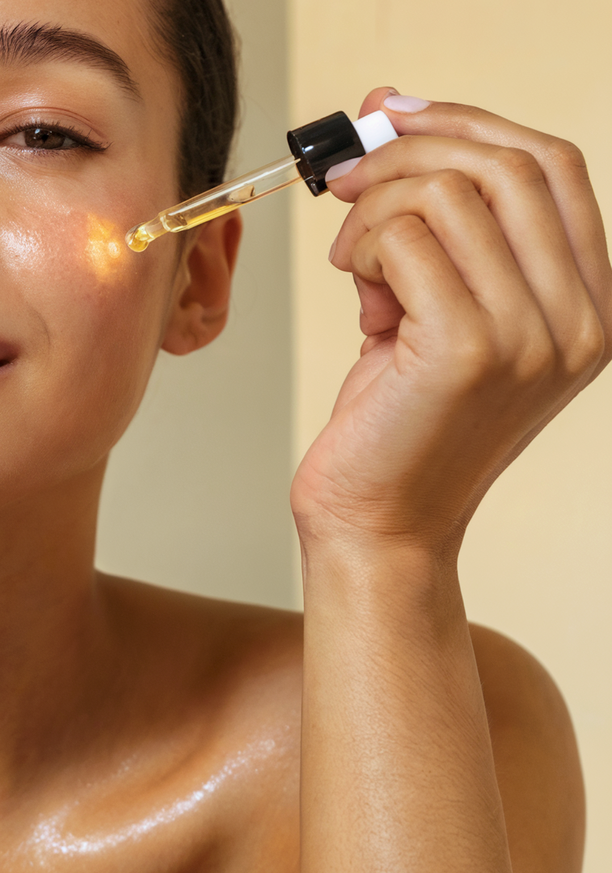 Close-up of a person applying botanical face serum with a glass dropper for radiant, nourished skin.